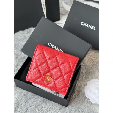 Chanel Rosso pelle granulata piccolo portafoglio piegato Oro hardware