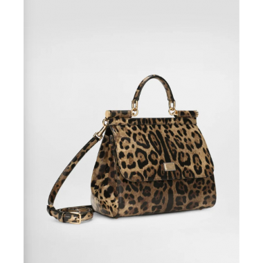 Authentic quality- Dolce Gabbana Large Sicily Handbag in leopard-print polished calfskin 