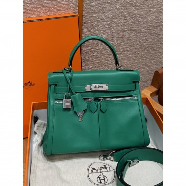 Hermes Kelly Lakis Pocket 28 / 32 in Swift Leather-Vert Vertigo