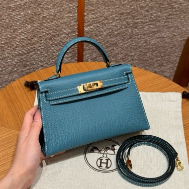 Hermes Mini Kelly Epsom leather-Blue jean