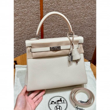 Hermes Kelly 25 / 28  in togo leather-Cream White